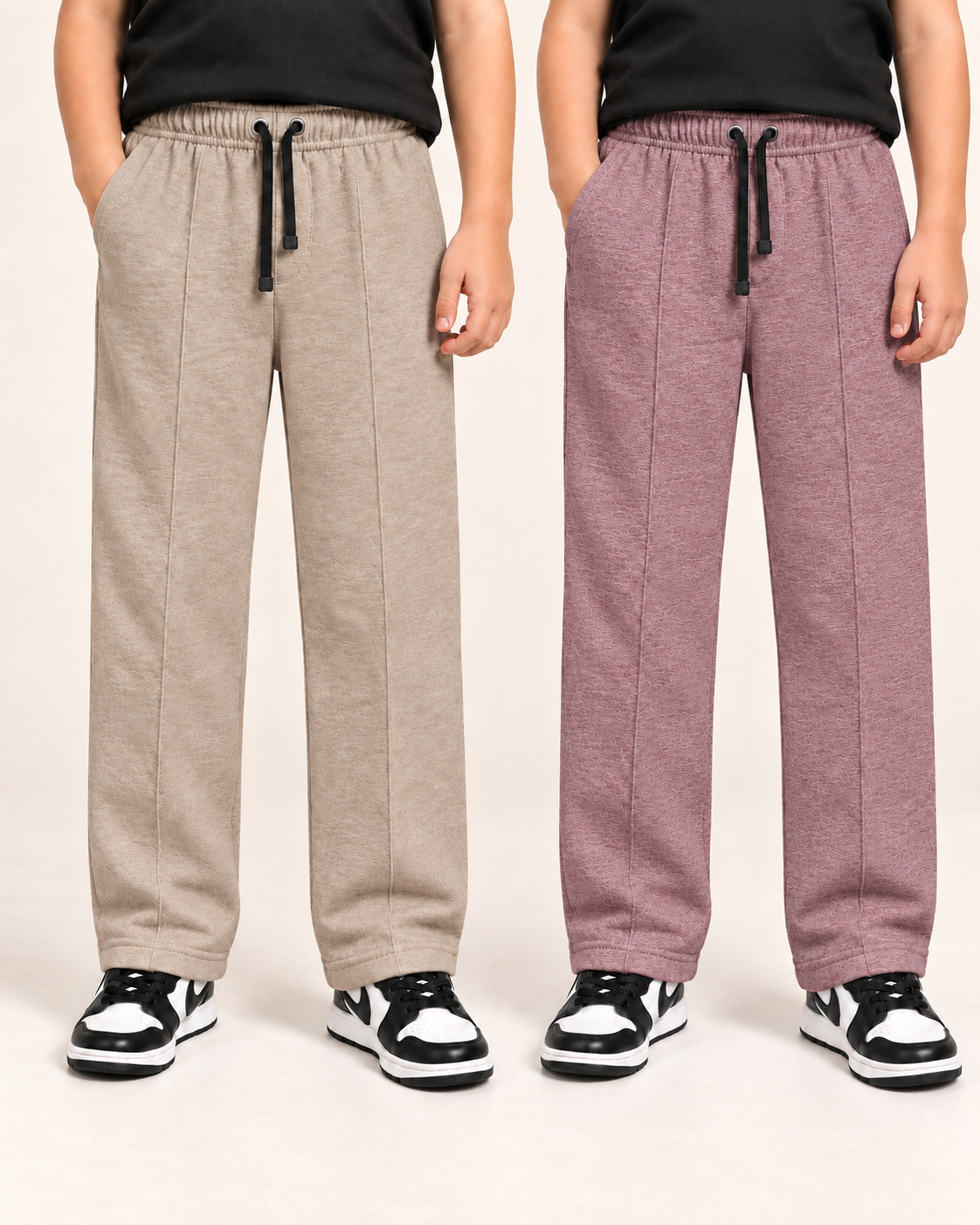 Kids Terry Straight-Fit Trousers – Pack of 2 (Beige & Dusty Mauve)