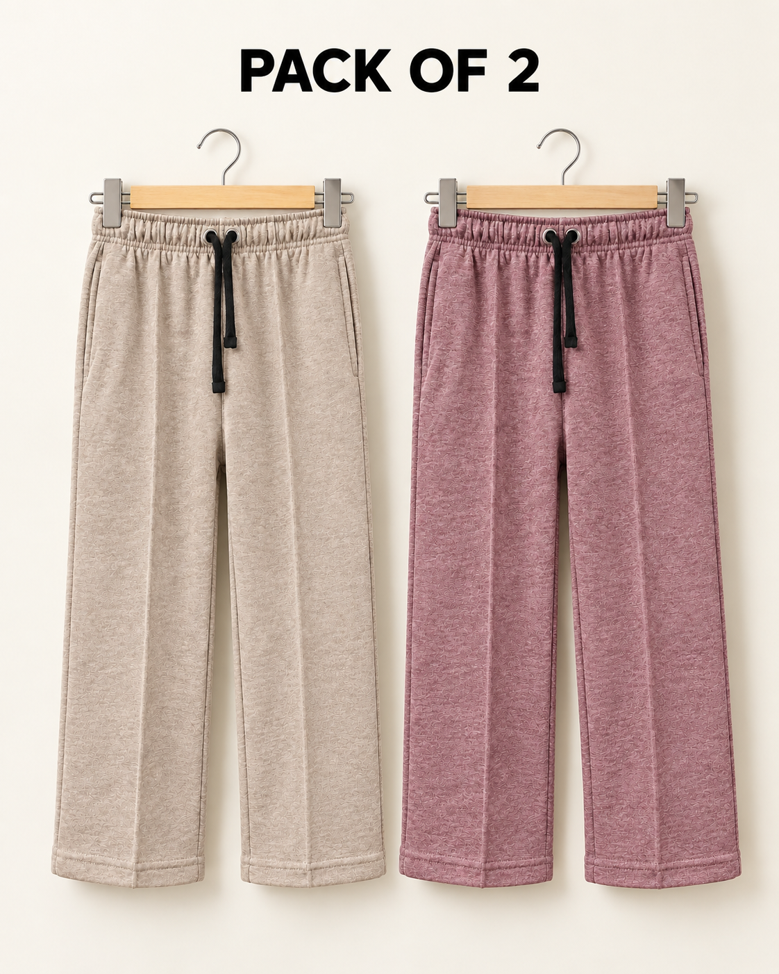 Kids Terry Straight-Fit Trousers – Pack of 2 (Beige & Dusty Mauve)