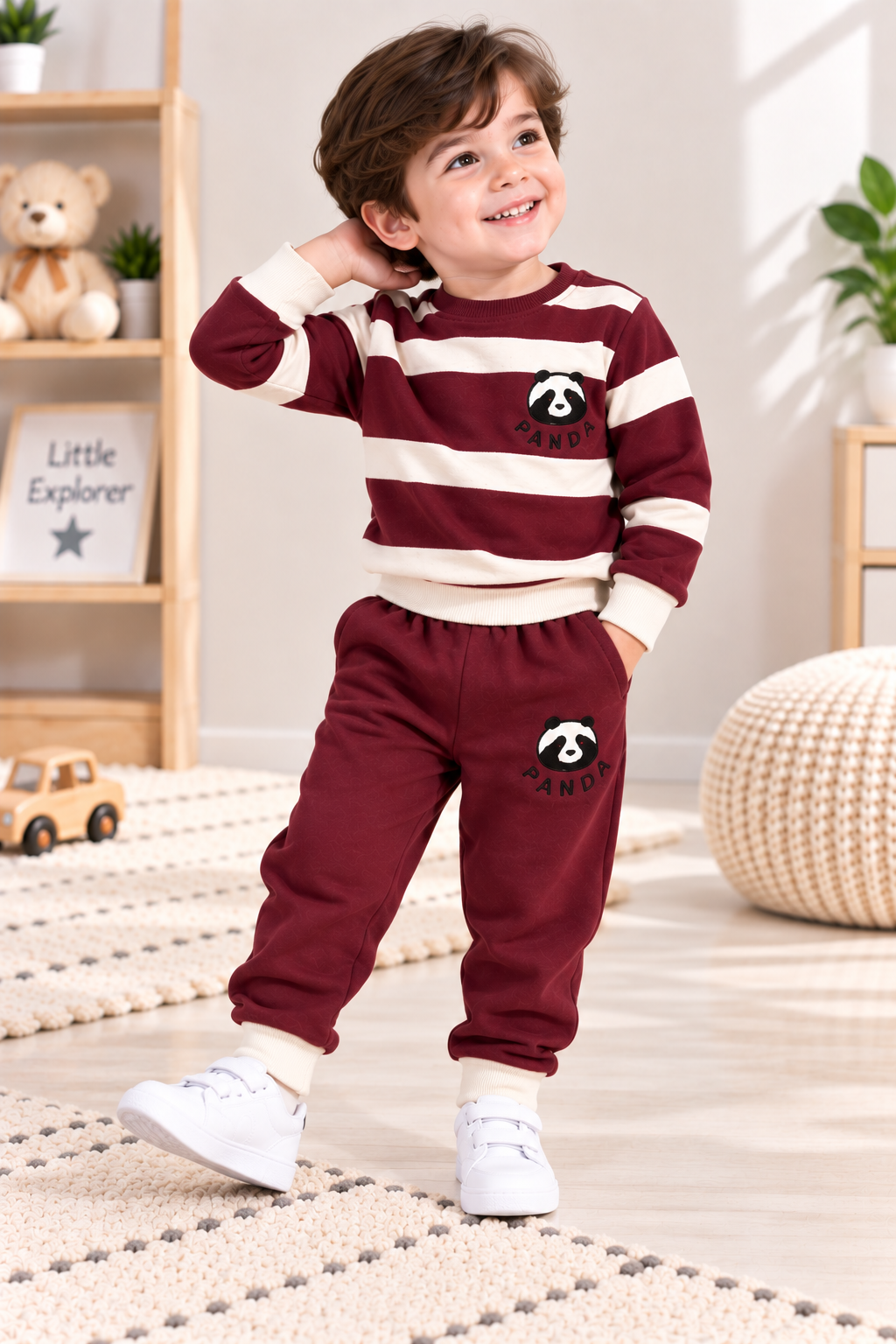 Kids Panda Fleece Winter Tracksuit – Burgundy & Cream | 1–4 Years
