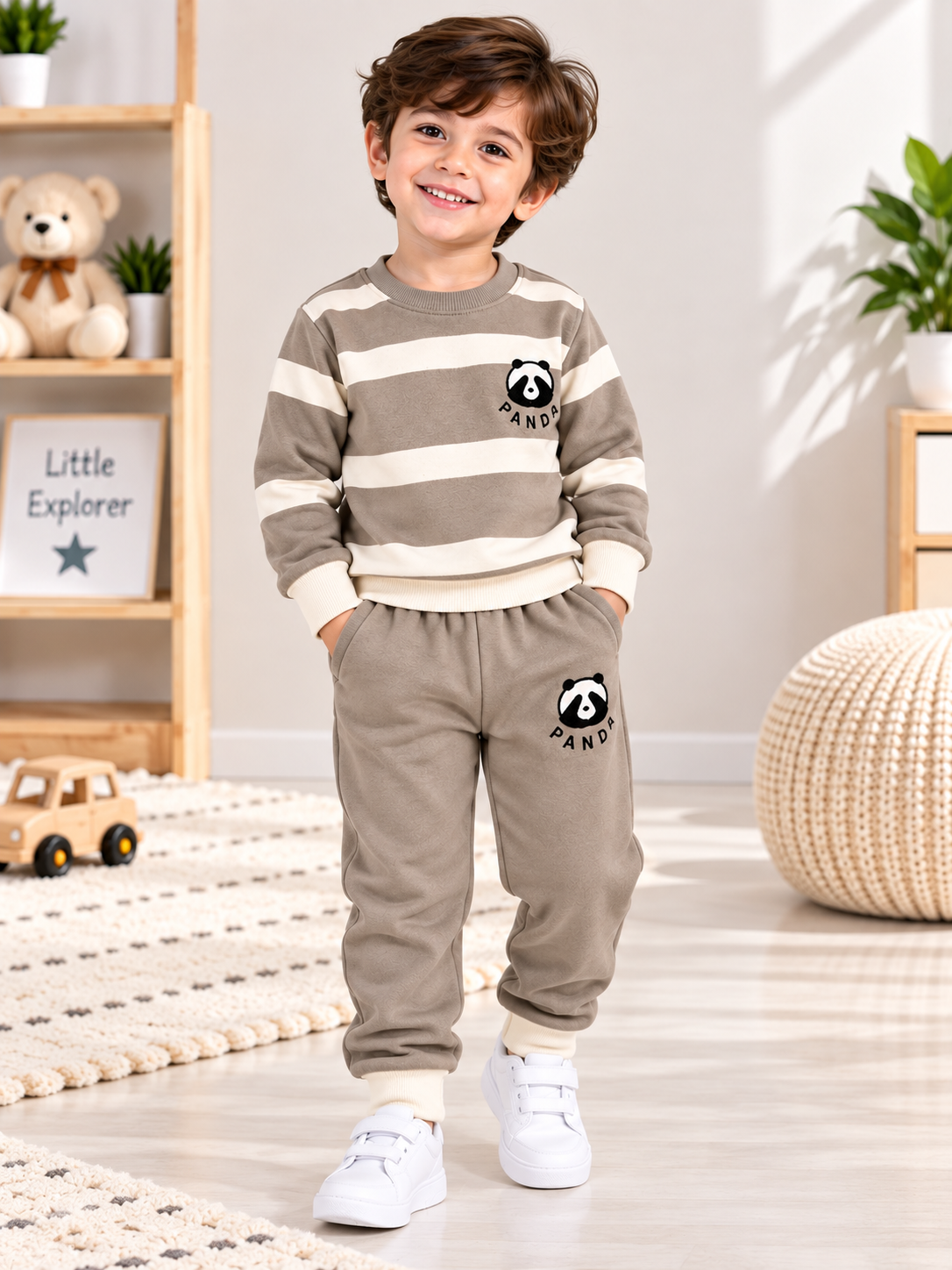 Kids Panda Fleece Tracksuit – Beige & Cream Striped 2-Piece Set | 1–4 Years