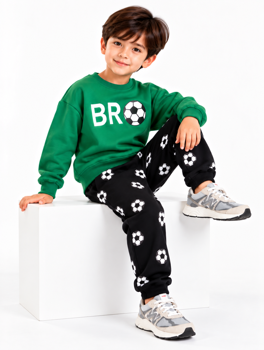 Kids BRO Football Printed Sweatshirt & Jogger Set – Green & Black