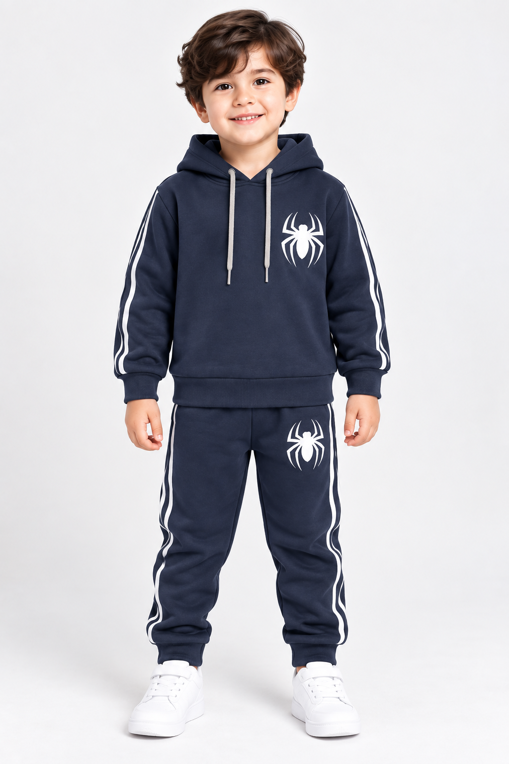 Kids Charcoal Navy Spider Hooded Tracksuit – 2 Piece Fleece Co-Ord Set