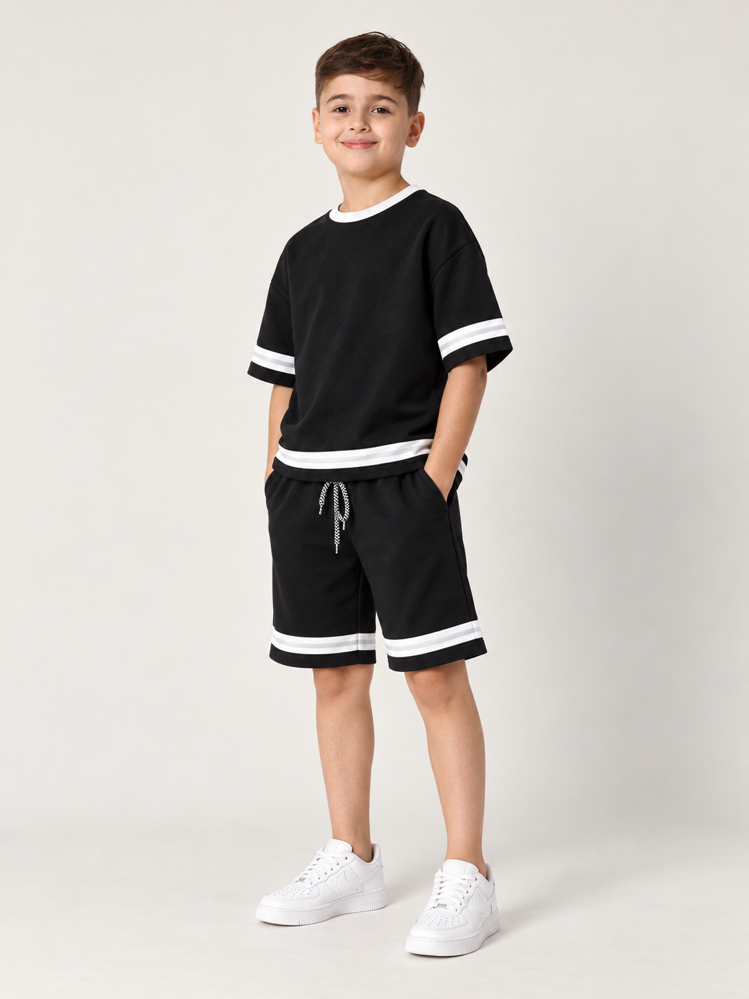 Boys Premium Black French Terry T-Shirt & Shorts Co-Ord Set