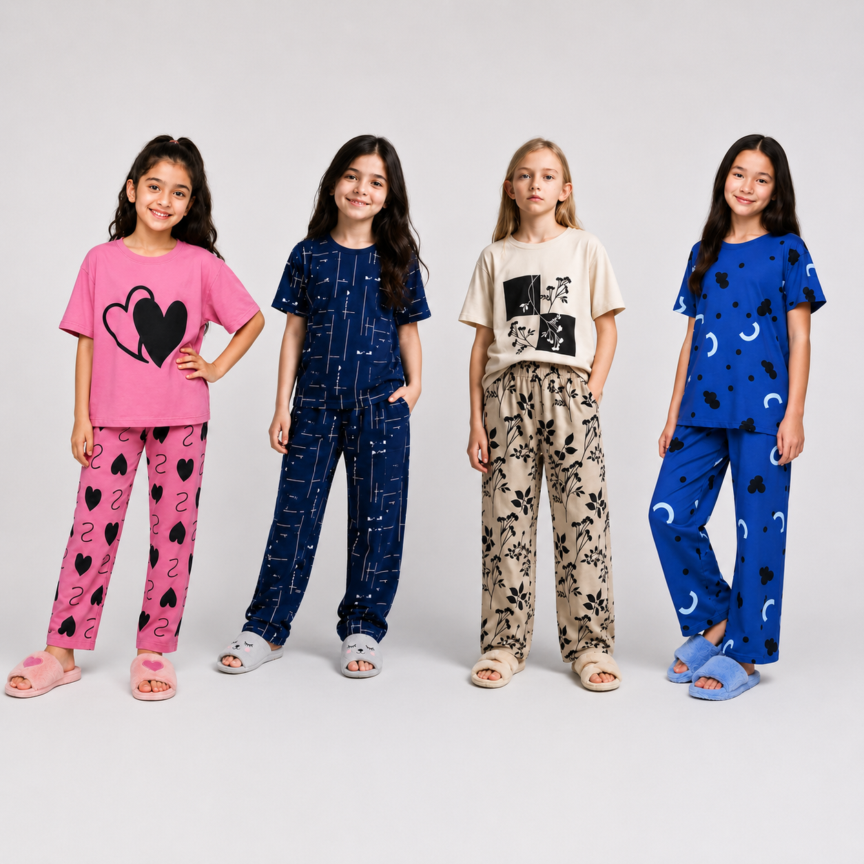 Pack of 4 Girls Printed Night Suit Set | Soft Jersey Half Sleeve T-Shirt & Pyjama Sleepwear Set