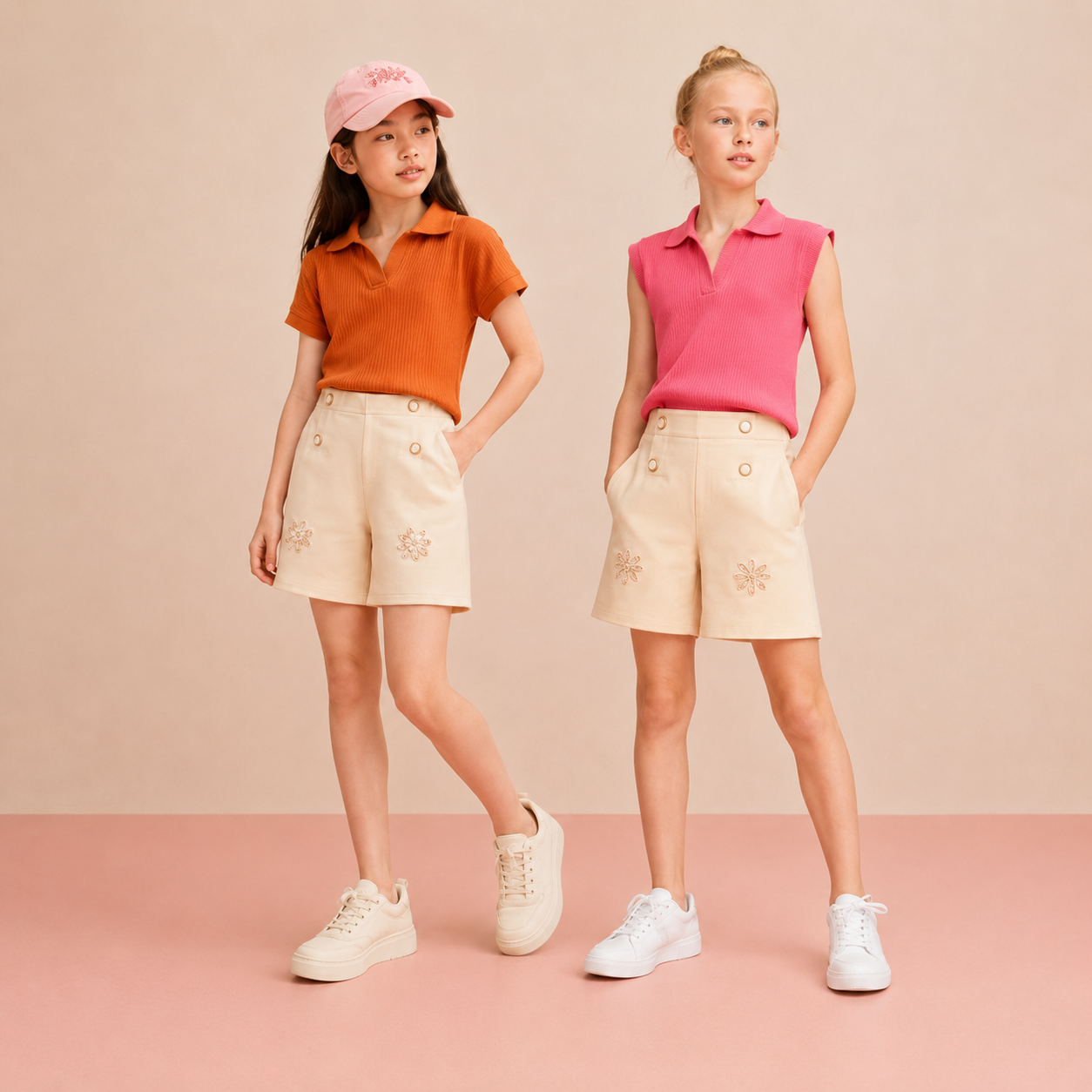 Pack of 2 Girls Ribbed Collared Knit Top & Cream Shorts Co-Ord Sets | Summer Collection