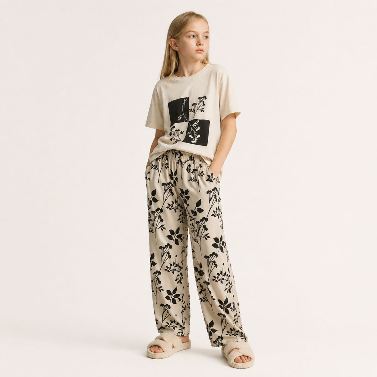 Girls Cream Floral Print Jersey Night Suit – Soft Half Sleeve T-Shirt & Pajama Set