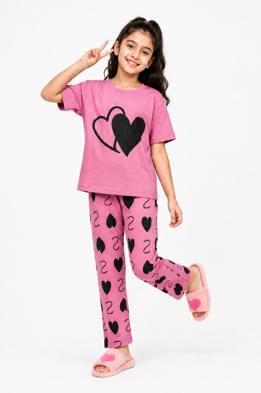Girls Pink Heart Print Night Suit – Soft & Comfortable 2 Piece Kids Sleepwear Set
