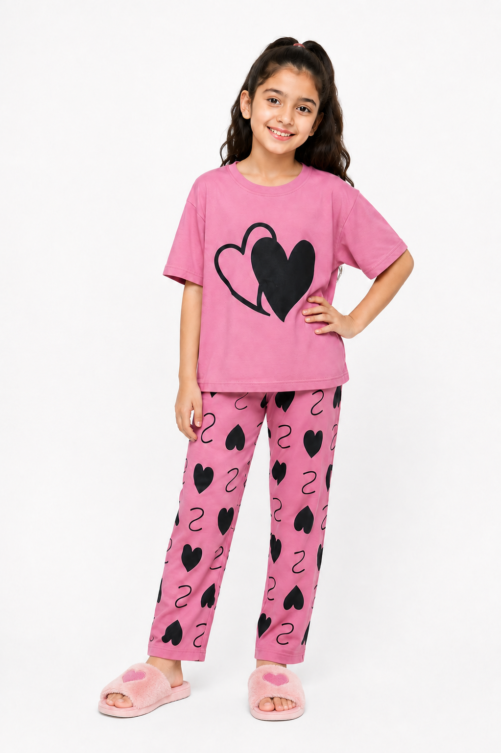 Girls Pink Heart Print Night Suit – Soft & Comfortable 2 Piece Kids Sleepwear Set