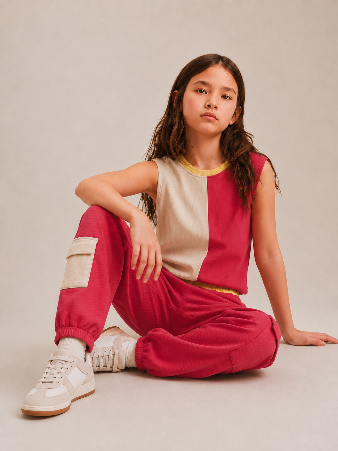 Girls Color Block Sleeveless Top & Cargo Jogger Pants Set | Pink & Beige 2 Piece Outfit