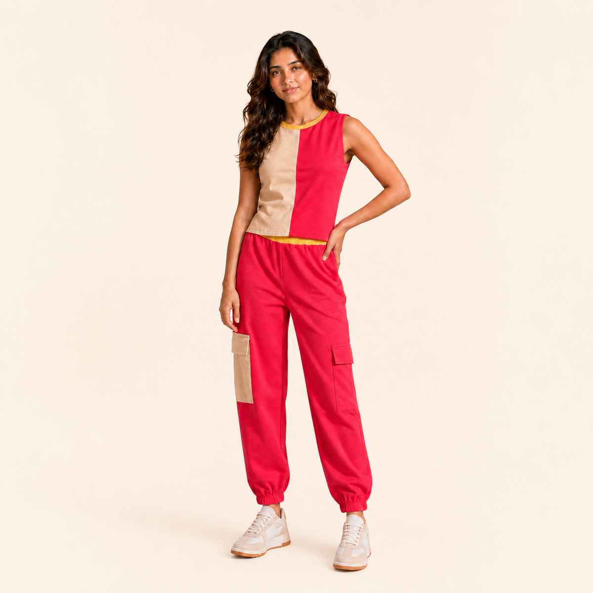 Women's Color Block Sleeveless Top & Cargo Jogger Pants Set | Pink & Beige 2 Piece Outfit