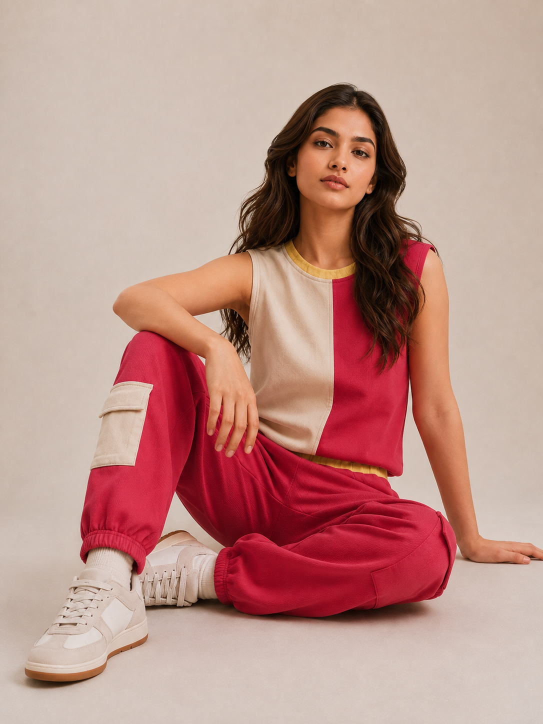 Women's Color Block Sleeveless Top & Cargo Jogger Pants Set | Pink & Beige 2 Piece Outfit