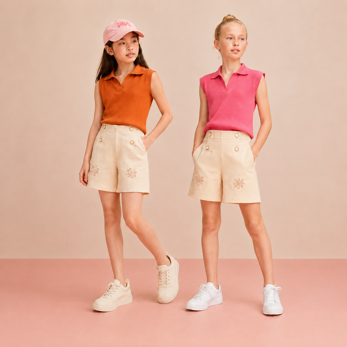Pack of 2 Girls Ribbed Collared Knit Top & Cream Shorts Co-Ord Sets | Summer Collection