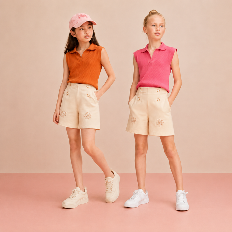 Pack of 2 Girls Ribbed Collared Knit Top & Cream Shorts Co-Ord Sets | Summer Collection