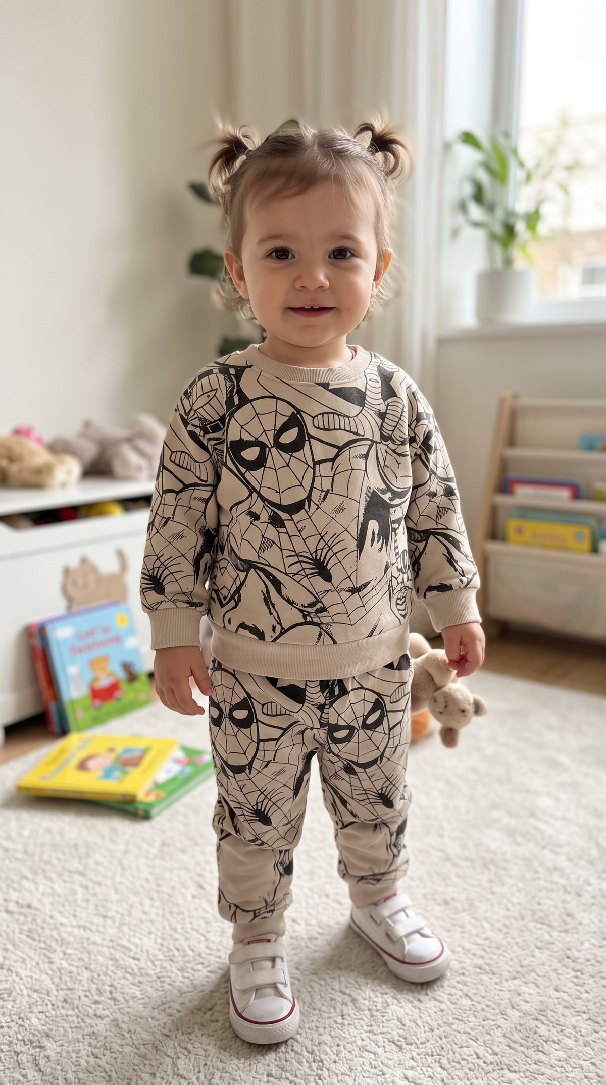Kids Spider Web Printed Fleece Tracksuit – Beige | Sweatshirt & Jogger Set