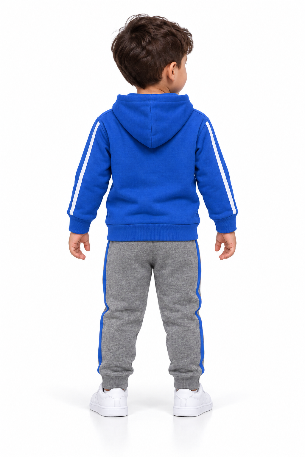 Toddler boy blue hoodie and grey jogger tracksuit back view