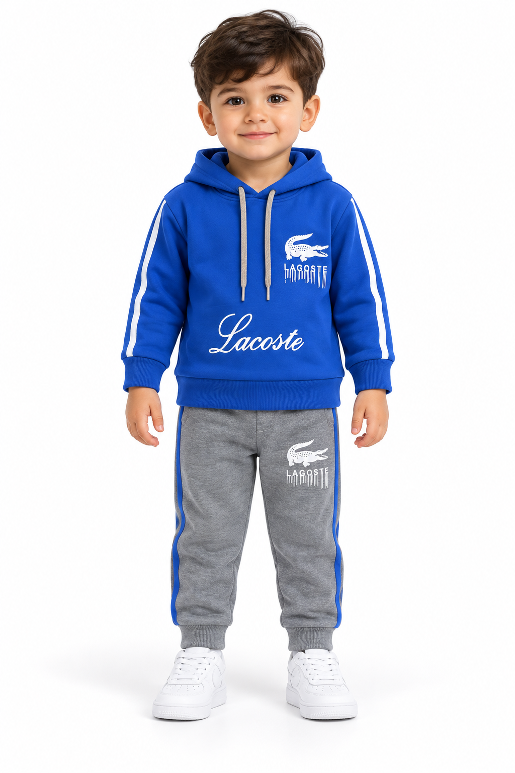Toddler boy blue hoodie and grey jogger tracksuit front view