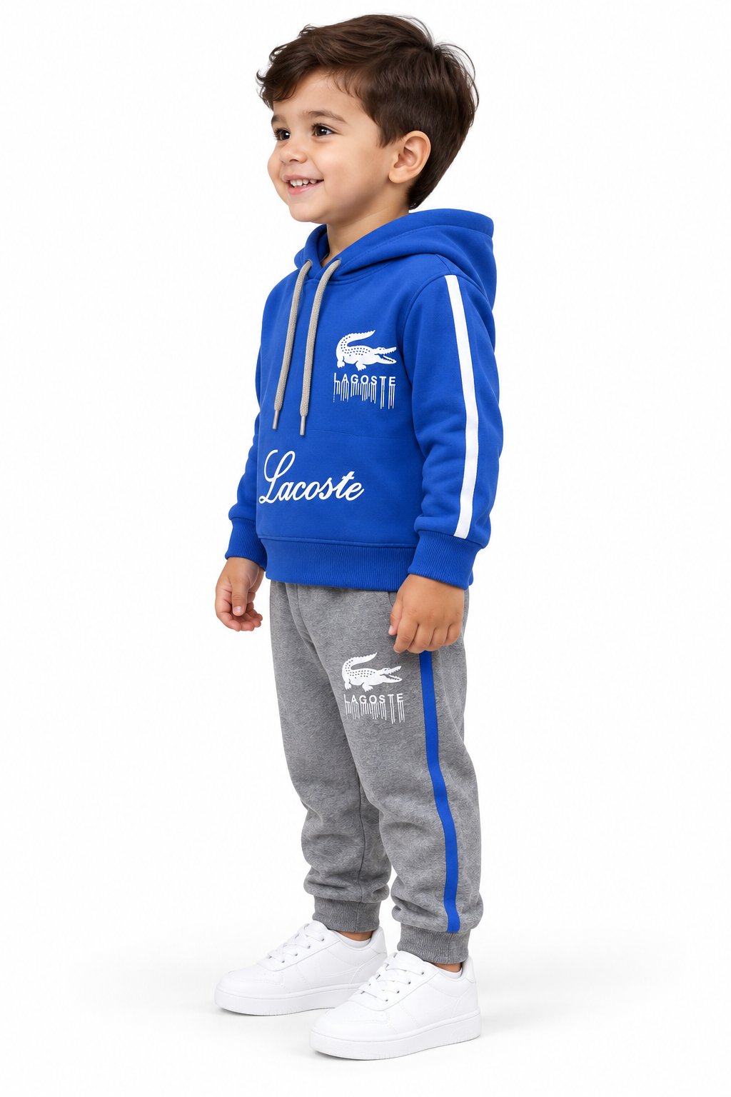 Toddler boy blue hoodie and grey jogger tracksuit side view