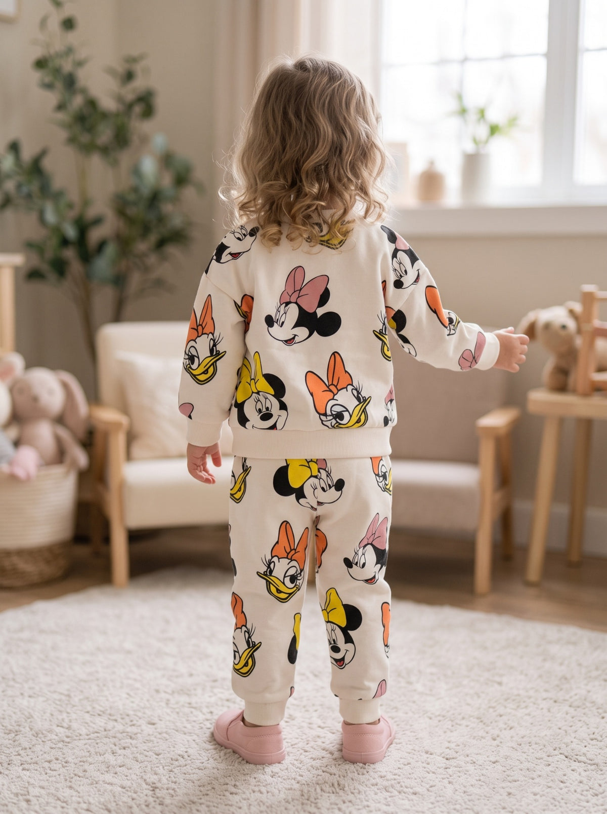 Girls cream cartoon character printed terry tracksuit back view