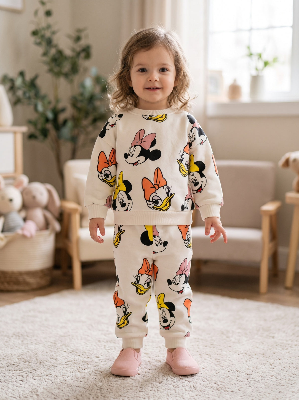 Girls cream cartoon character printed terry tracksuit front view