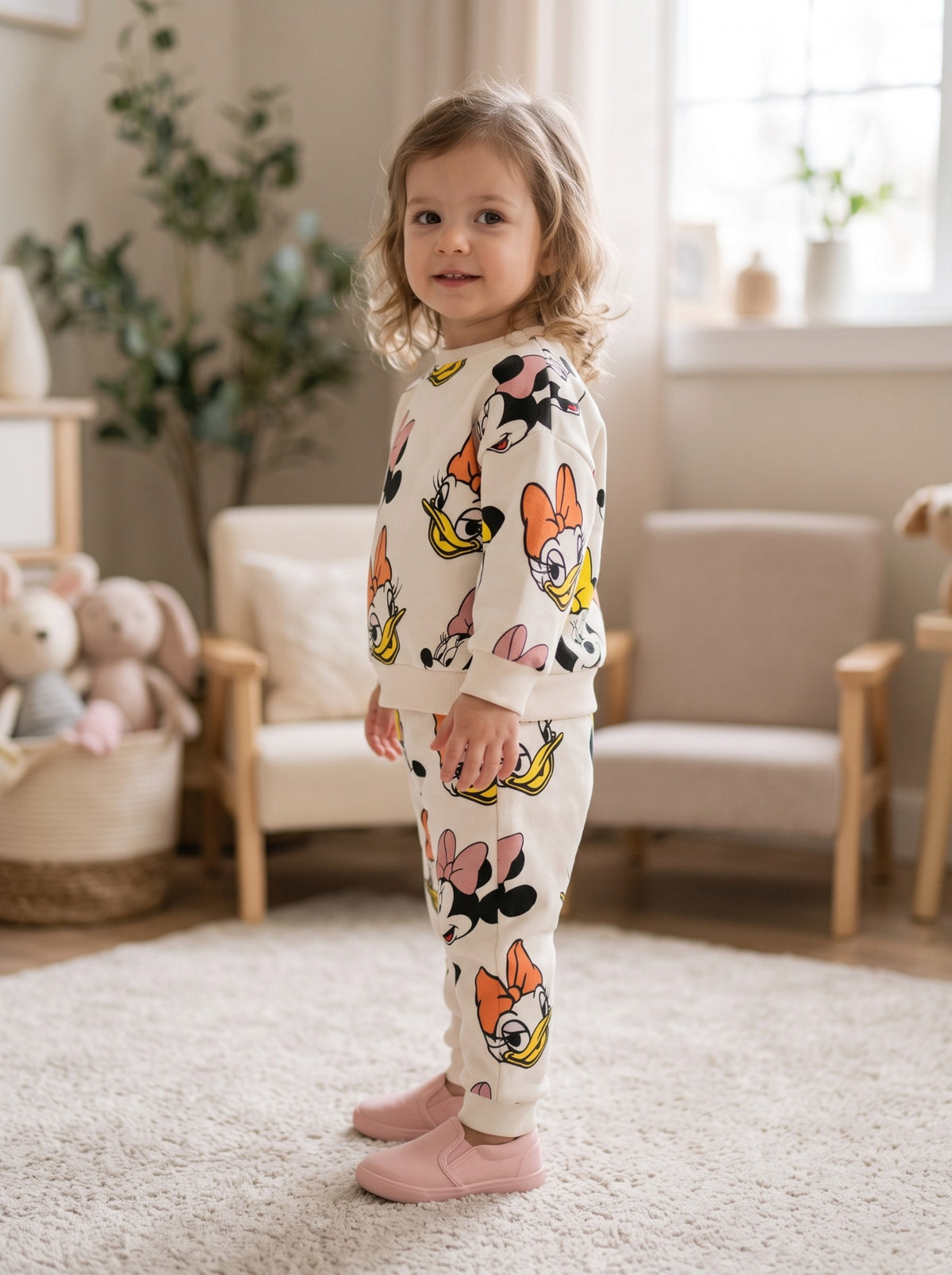 Girls cream cartoon character printed terry tracksuit side view