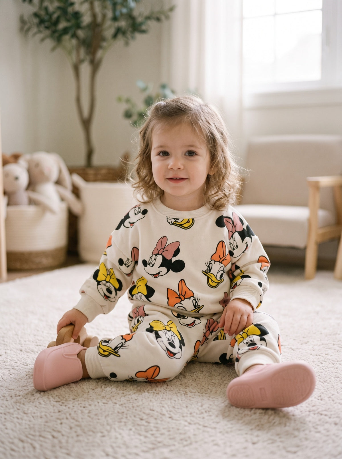 Girls cream cartoon character printed terry tracksuit sitting view