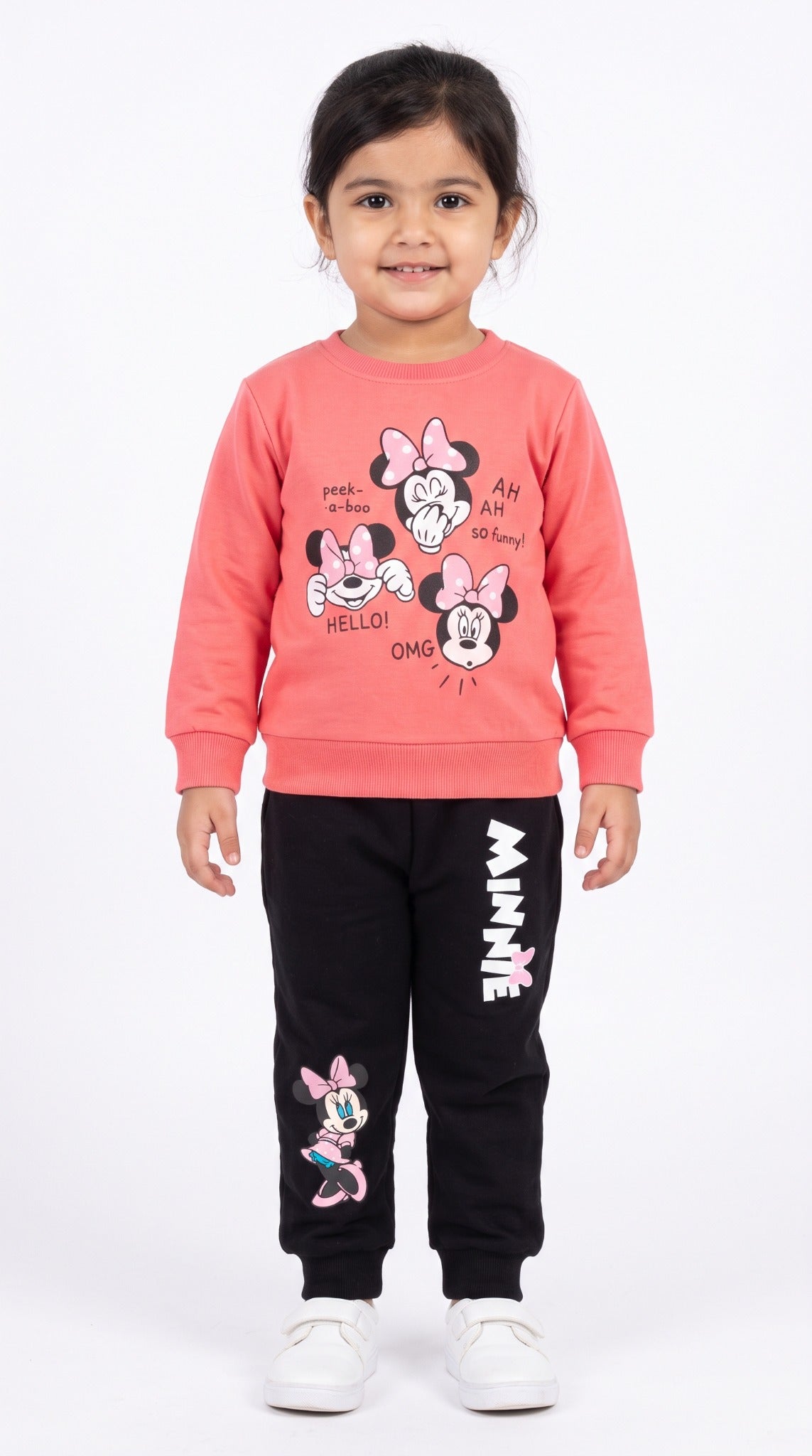Girls coral and black Minnie tracksuit front view
