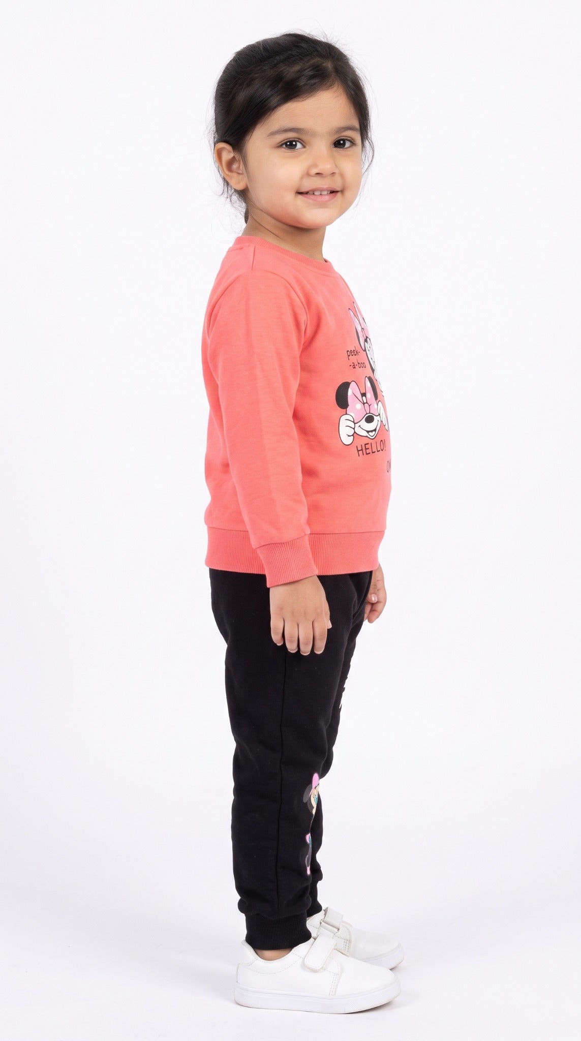 Girls coral and black Minnie tracksuit side view