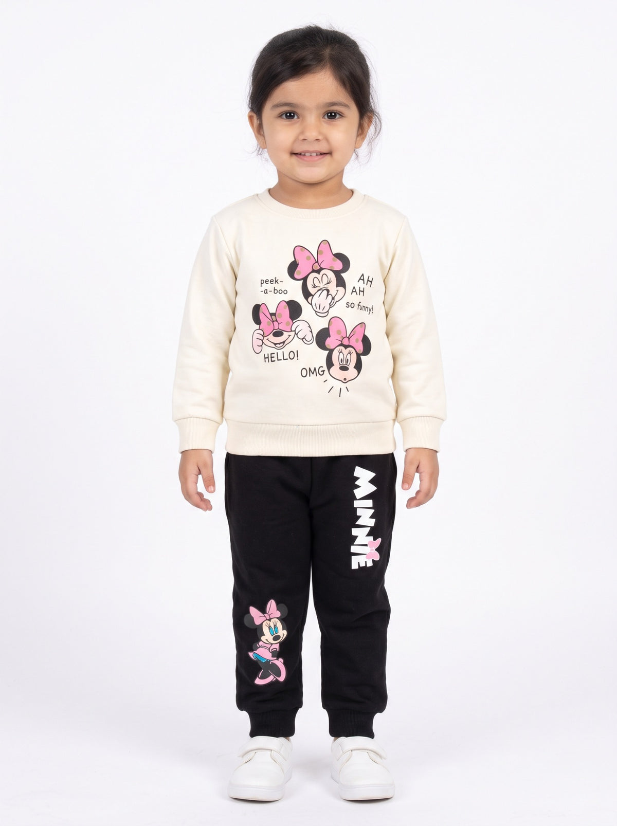 Girls cream and black Minnie tracksuit front view