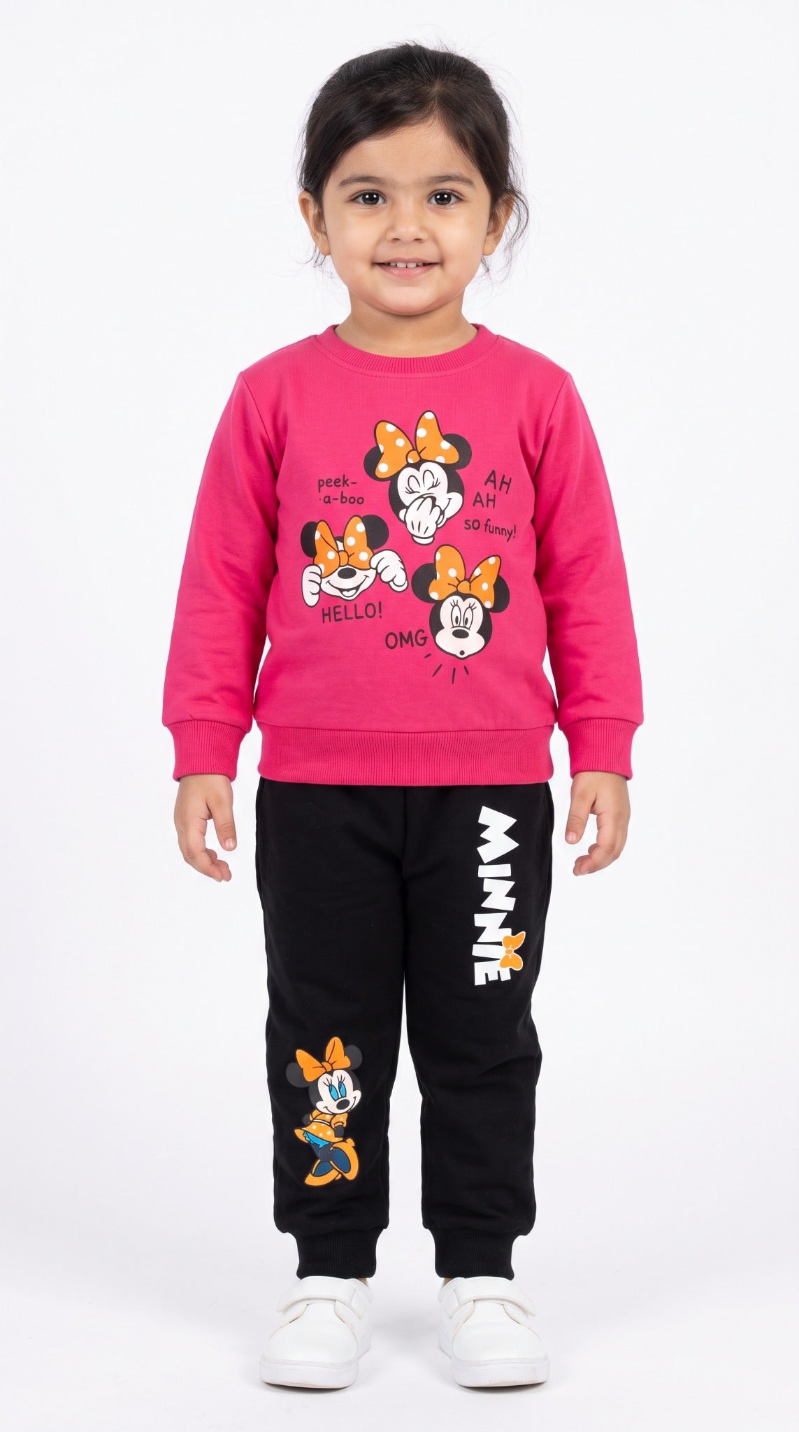 Girls pink and black Minnie print two-piece tracksuit - front view