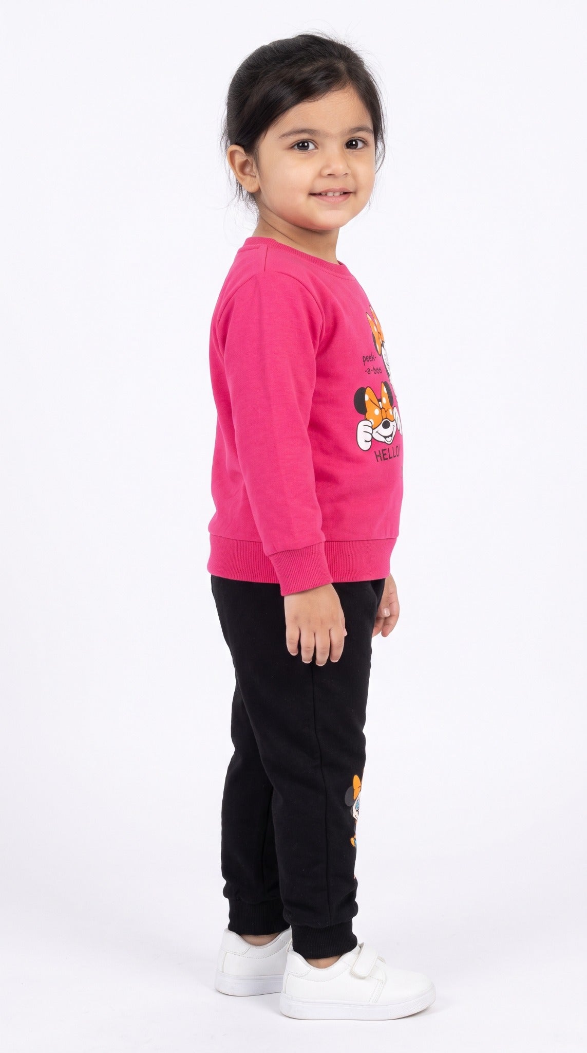Girls pink and black Minnie print two-piece tracksuit - side view