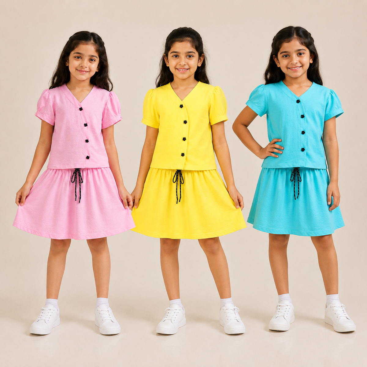 Girls Button-Down Top & Shorts Co-Ord Set – 3 Colors
