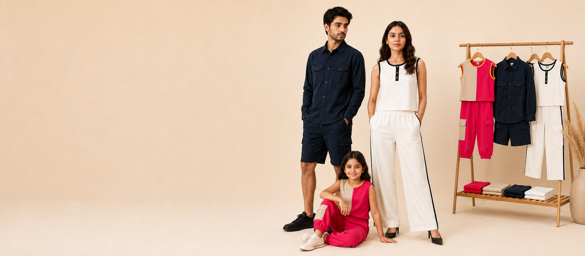 Kids, women and men wearing coordinated Studi099 outfits in a bright studio